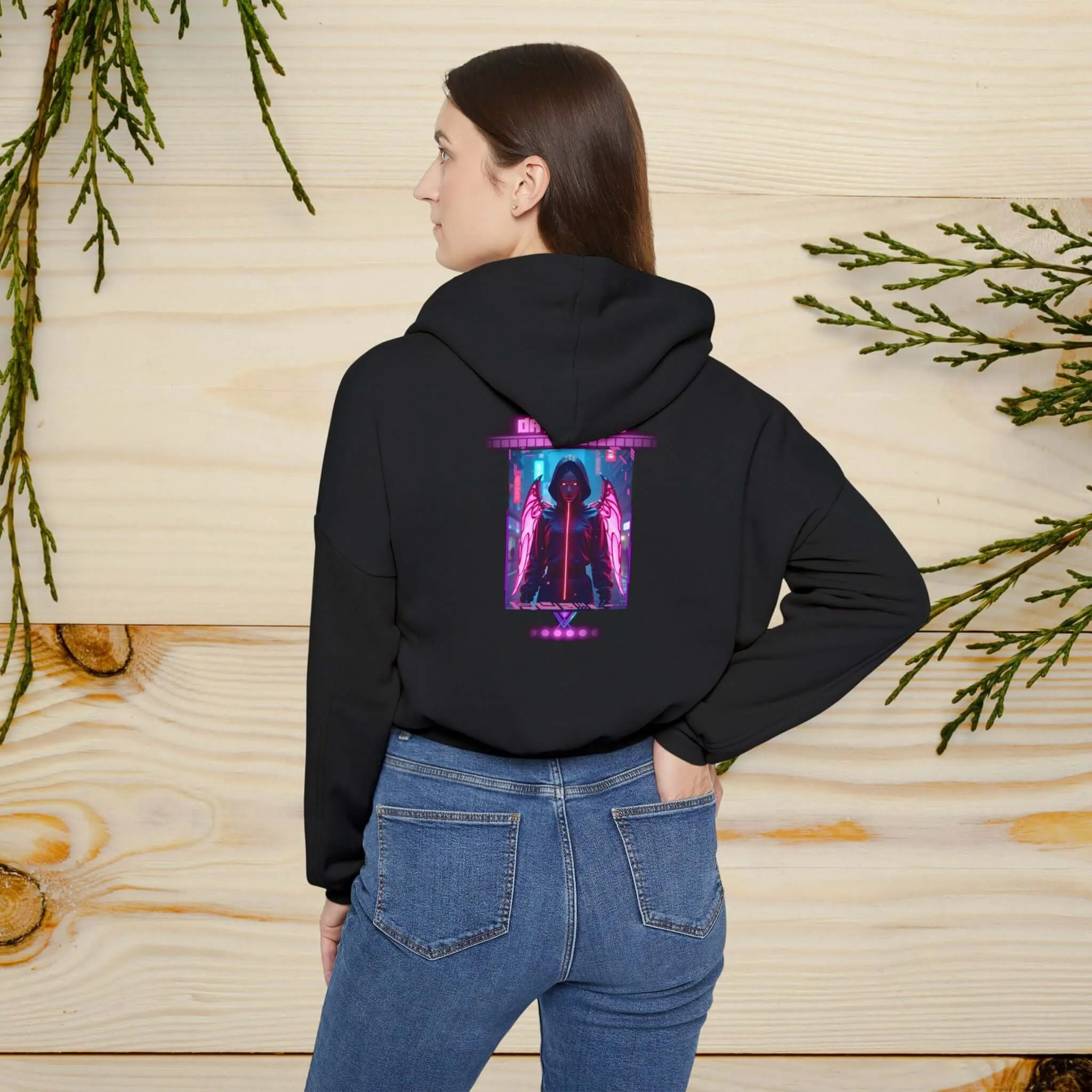 Women's Cinched Bottom Hoodie – Cybernetic Wings, Glitched 404 Face, Futuristic Data Queen Design