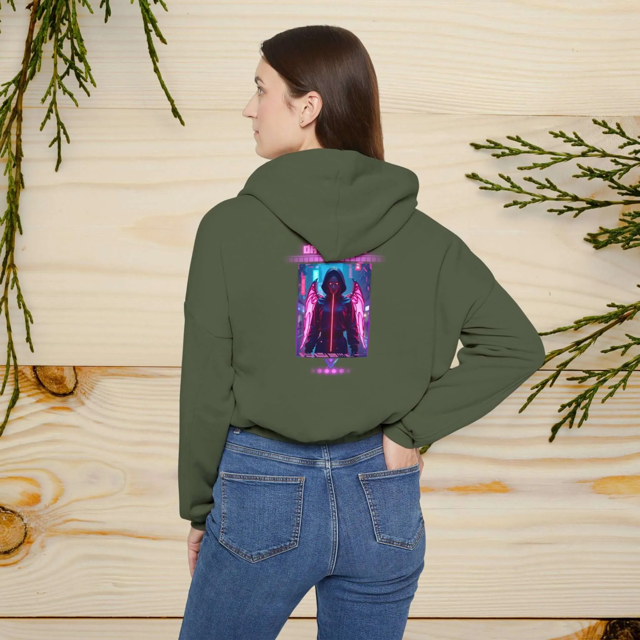 Women's Cinched Bottom Hoodie – Cybernetic Wings, Glitched 404 Face, Futuristic Data Queen Design
