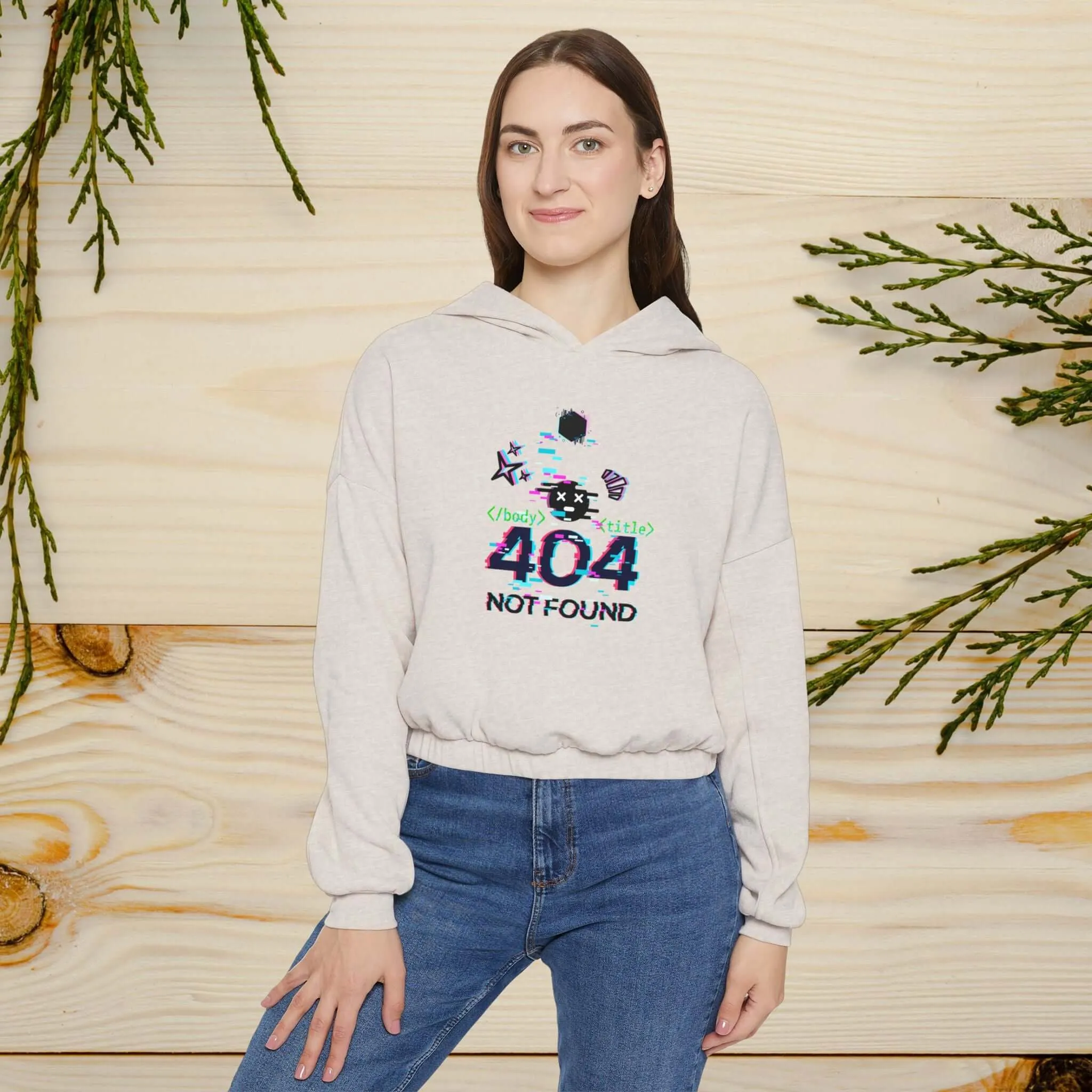 Women's Cinched Bottom Hoodie – Cybernetic Wings, Glitched 404 Face, Futuristic Data Queen Design