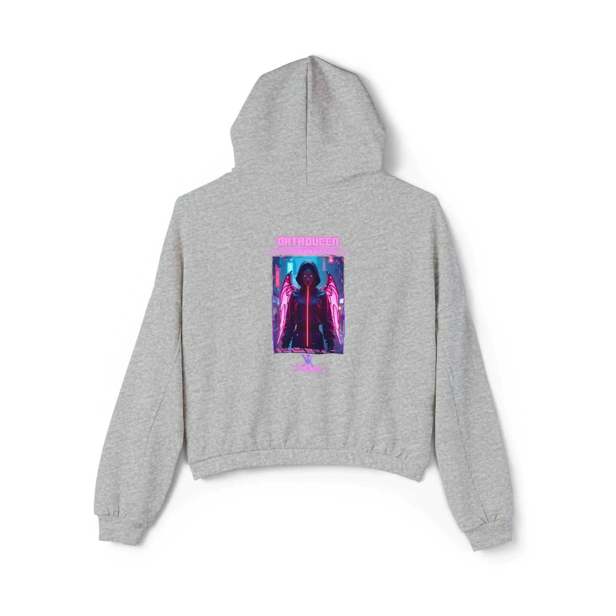 Women's Cinched Bottom Hoodie – Cybernetic Wings, Glitched 404 Face, Futuristic Data Queen Design