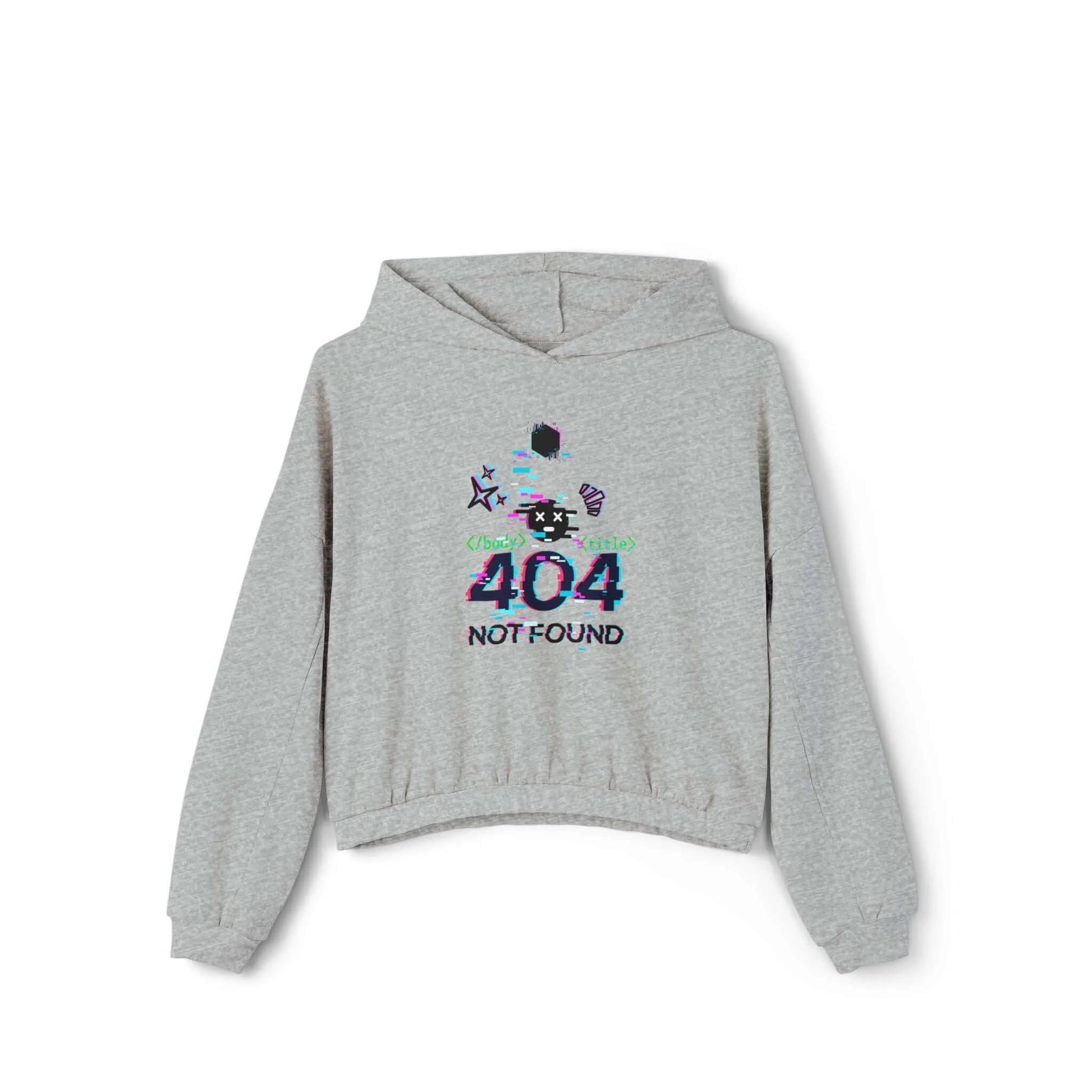 Women's Cinched Bottom Hoodie – Cybernetic Wings, Glitched 404 Face, Futuristic Data Queen Design