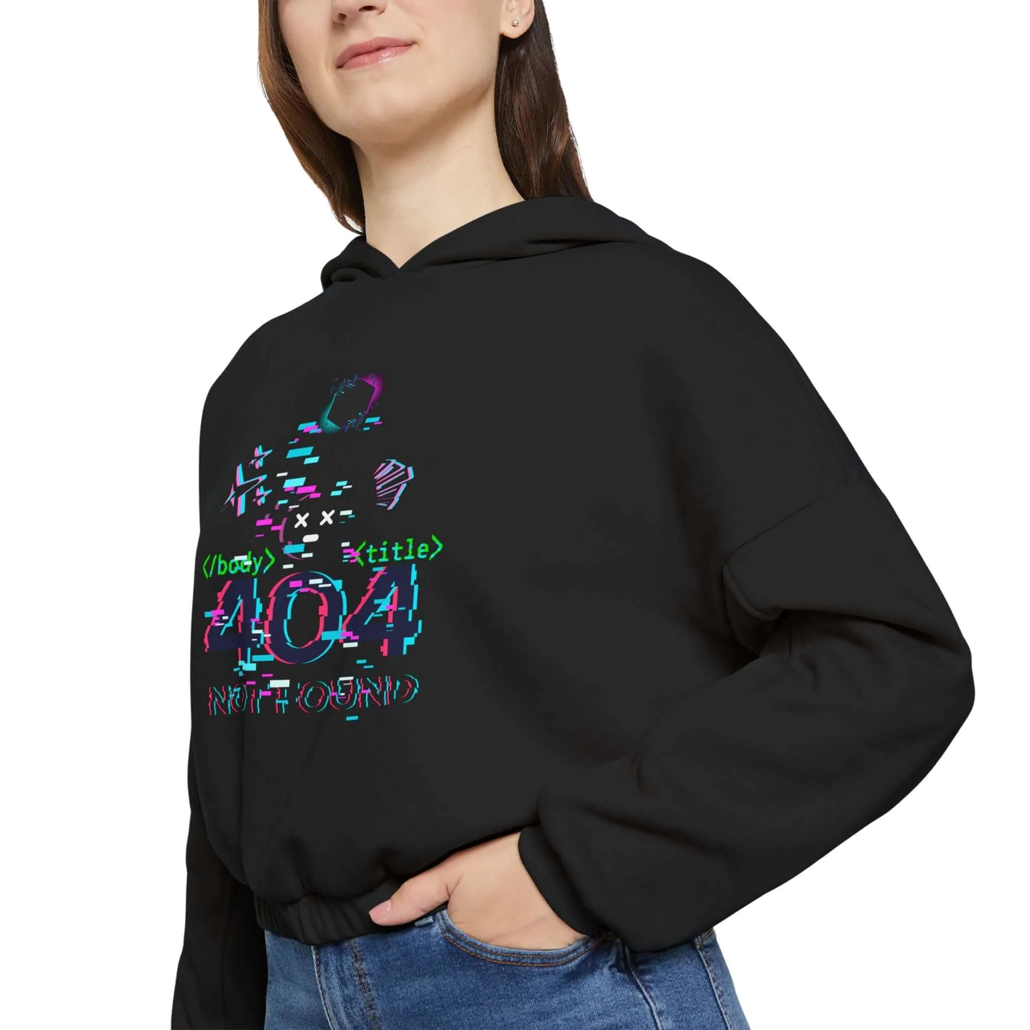 Women's Cinched Bottom Hoodie – Cybernetic Wings, Glitched 404 Face, Futuristic Data Queen Design