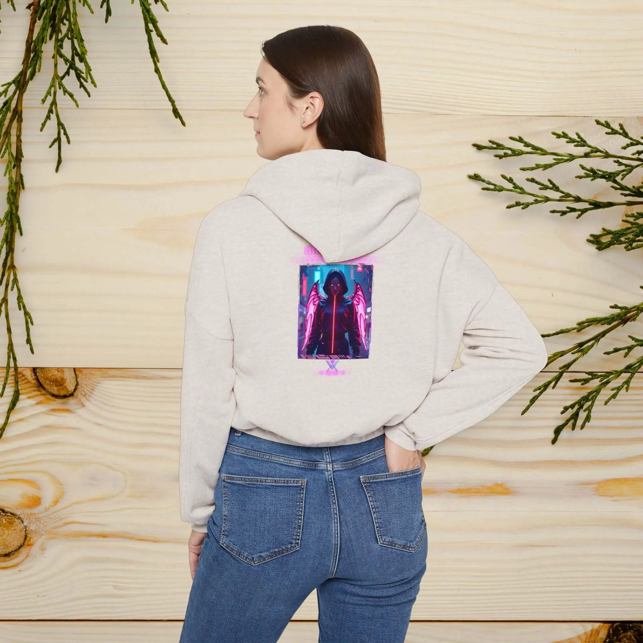 Women's Cinched Bottom Hoodie – Cybernetic Wings, Glitched 404 Face, Futuristic Data Queen Design