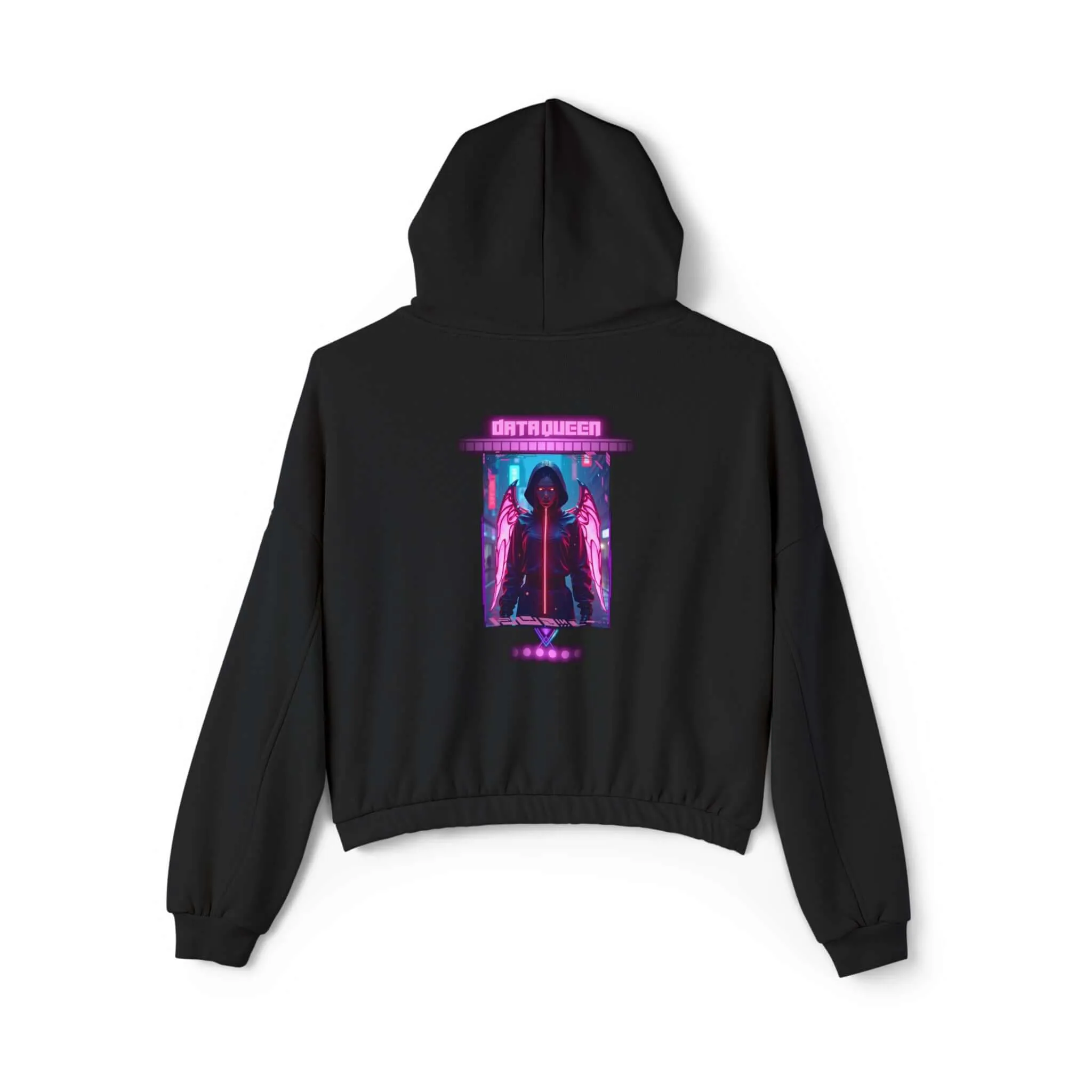 Women's Cinched Bottom Hoodie – Cybernetic Wings, Glitched 404 Face, Futuristic Data Queen Design