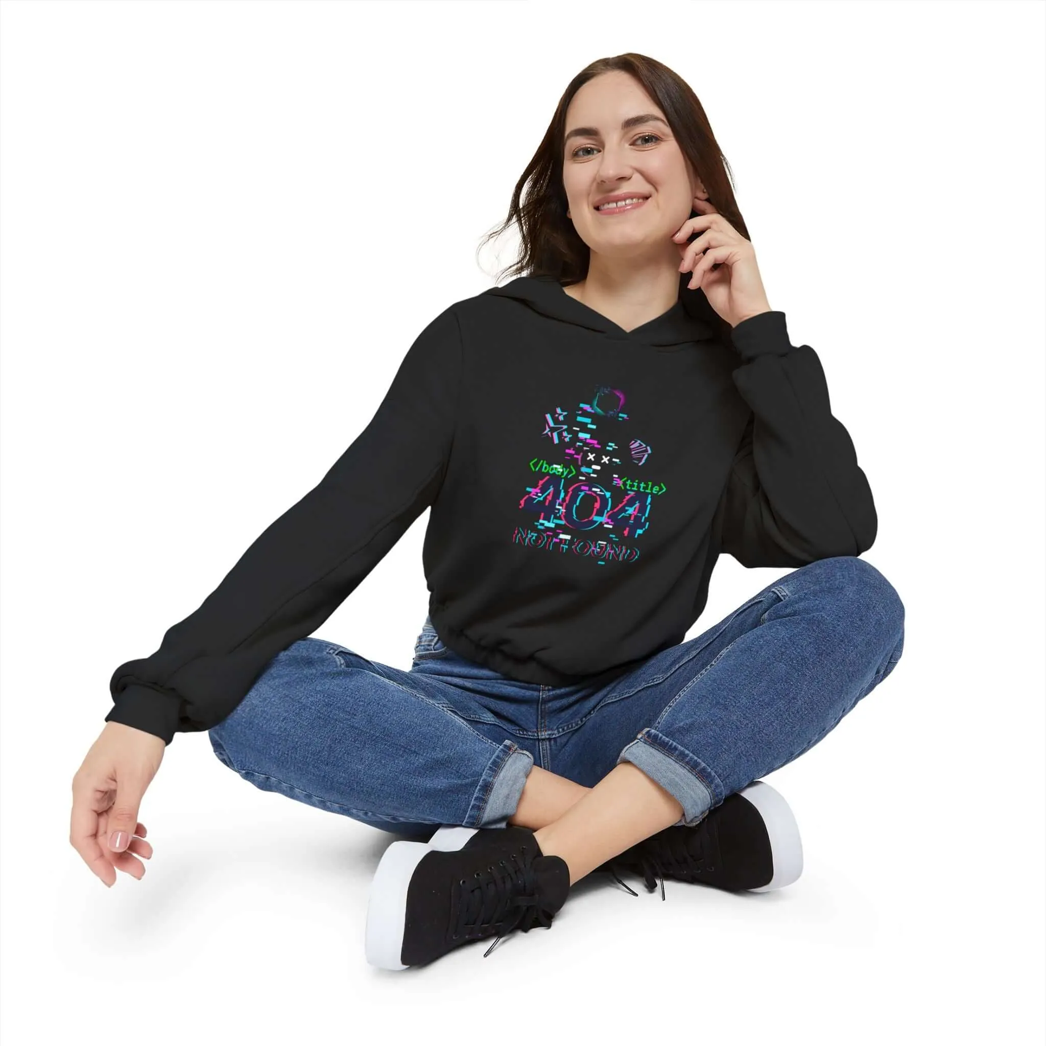 Women's Cinched Bottom Hoodie – Cybernetic Wings, Glitched 404 Face, Futuristic Data Queen Design