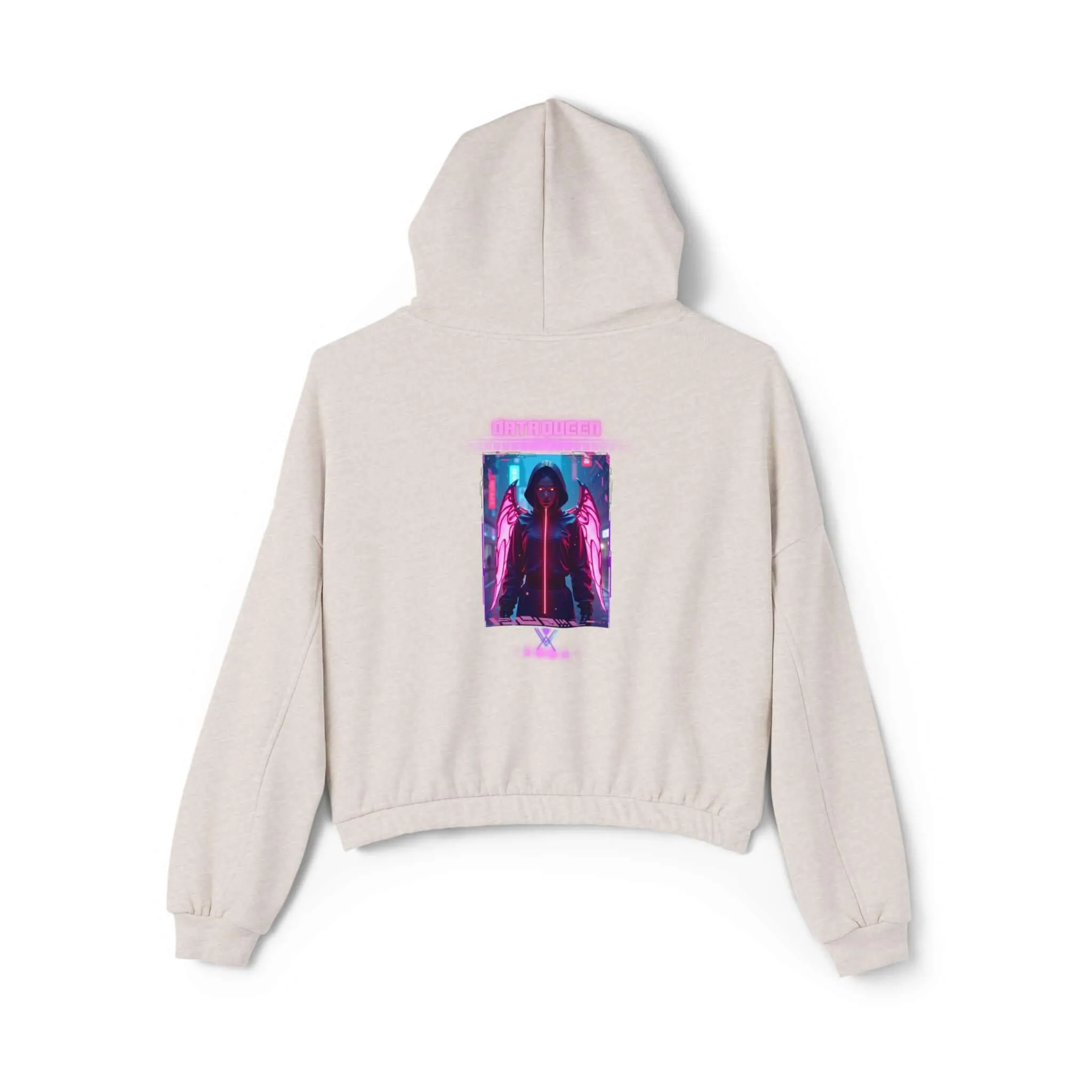 Women's Cinched Bottom Hoodie – Cybernetic Wings, Glitched 404 Face, Futuristic Data Queen Design