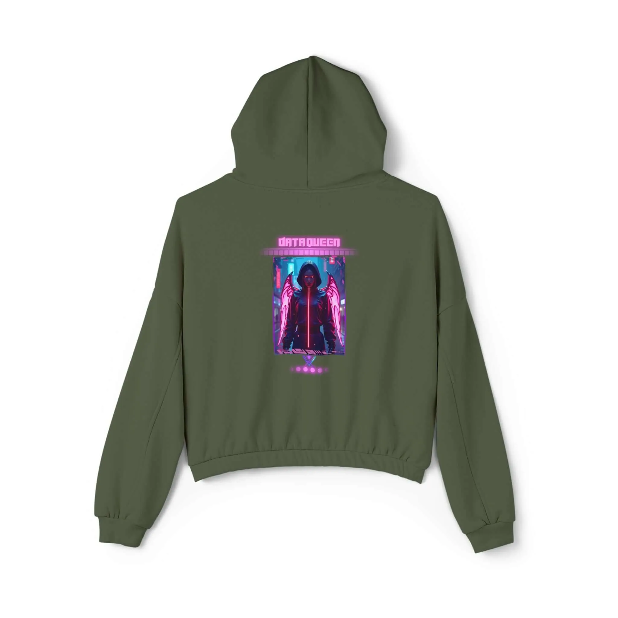 Women's Cinched Bottom Hoodie – Cybernetic Wings, Glitched 404 Face, Futuristic Data Queen Design